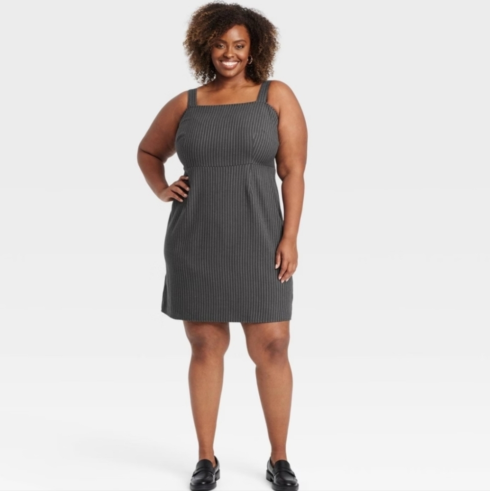 Women's Tailored Mini A-Line Dress - Ava & Viv Heather Gray Striped 1X